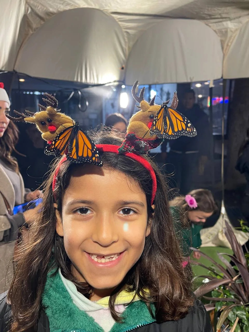 A smiling child inside the glowing walk-in butterfly dome