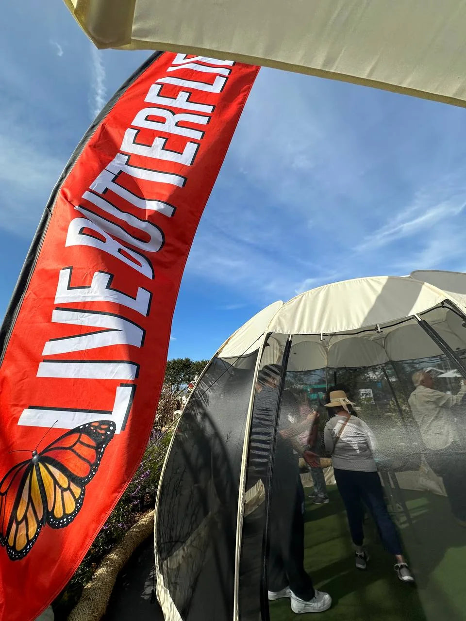 The Live Butterflies flag beside the dome