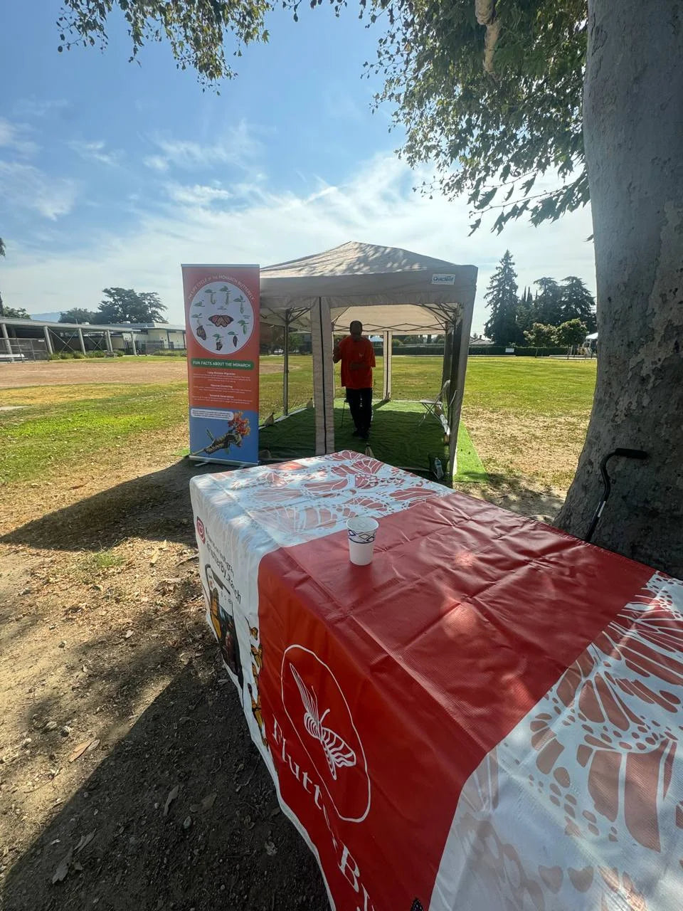 The setup on a school field, life-cycle banner and dome behind